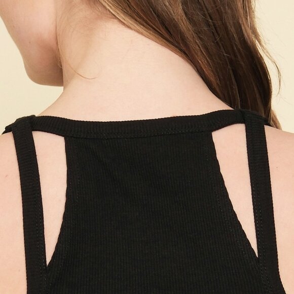 MYSTREE Black Cutout Strap Tank Top | Ribbed Fitted Knit - Picture 6 of 6